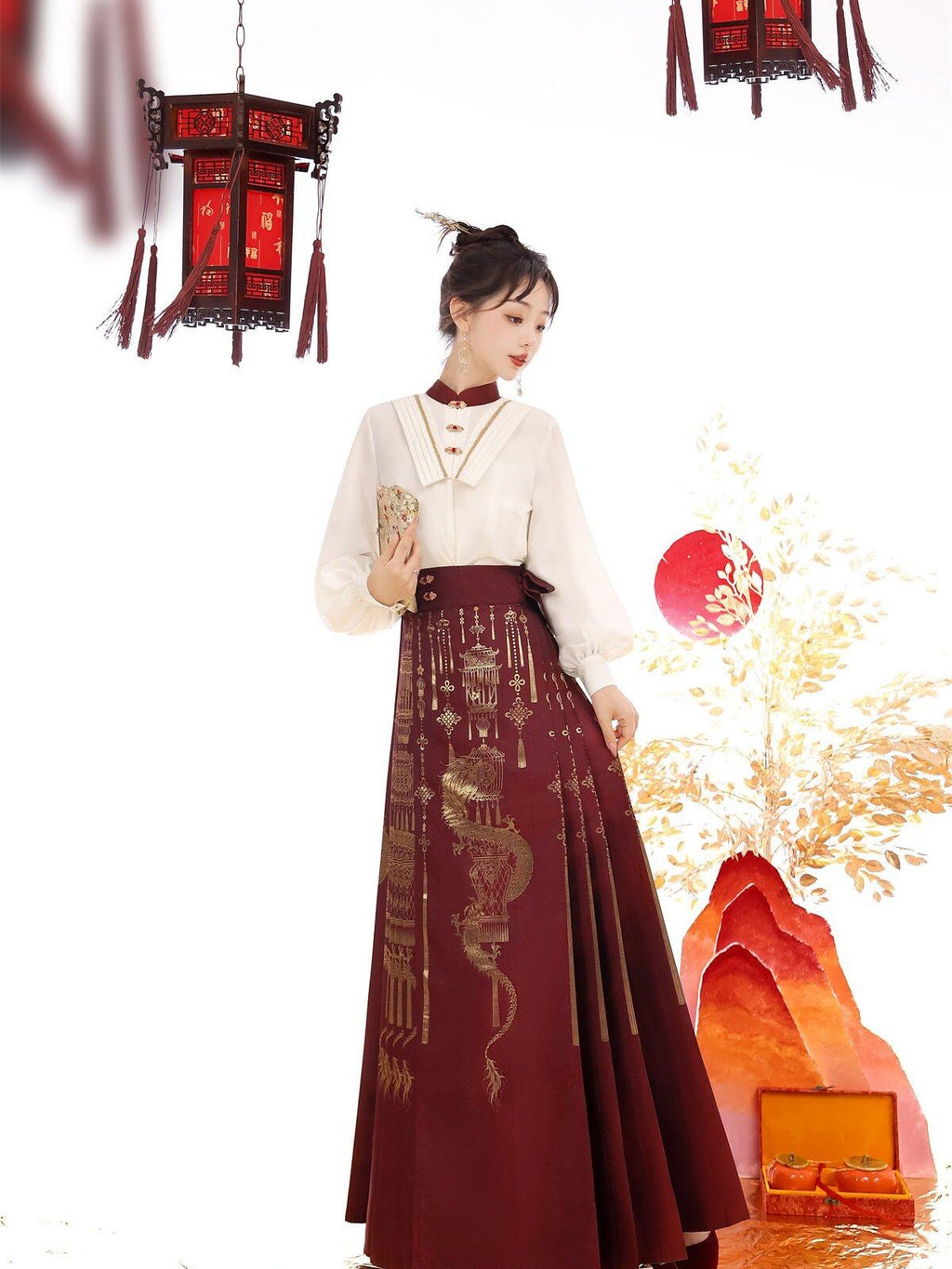 Sweet Promise Red Gold Brocade Floral Ming Style Women's Polyester Skirt Sets