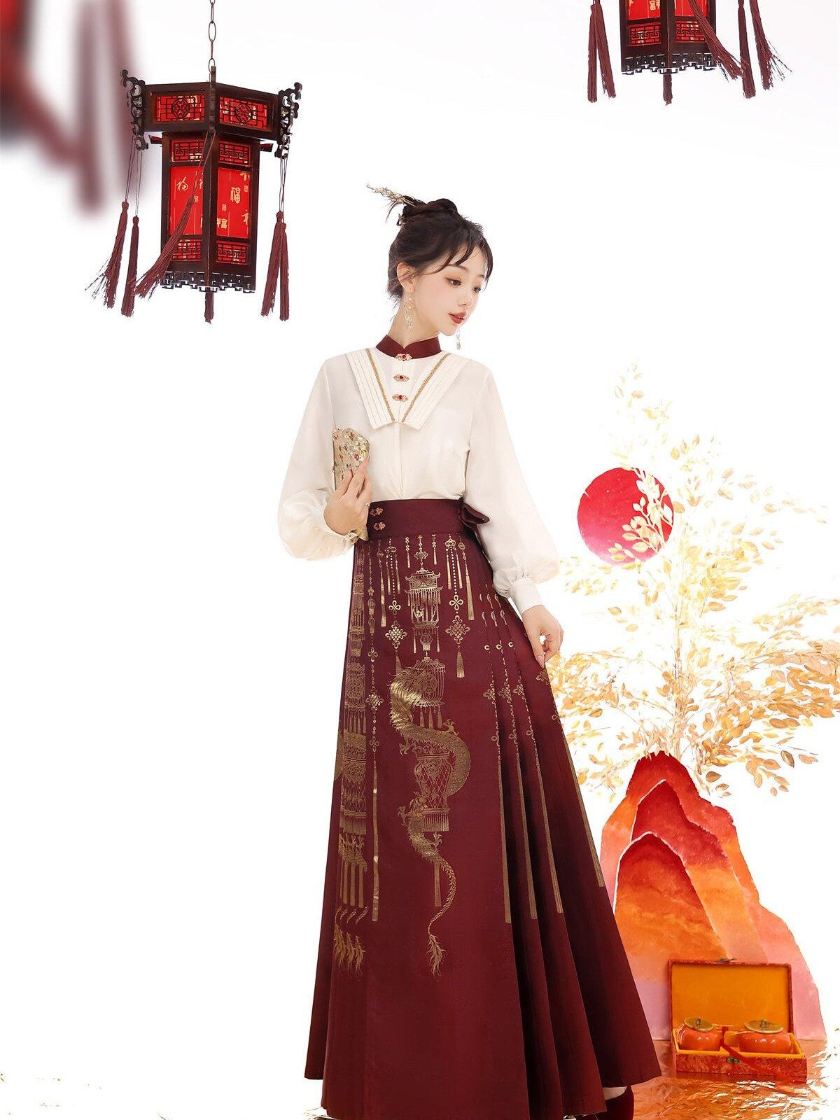 Sweet Promise Red Gold Brocade Floral Ming Style Women's Polyester Skirt Sets