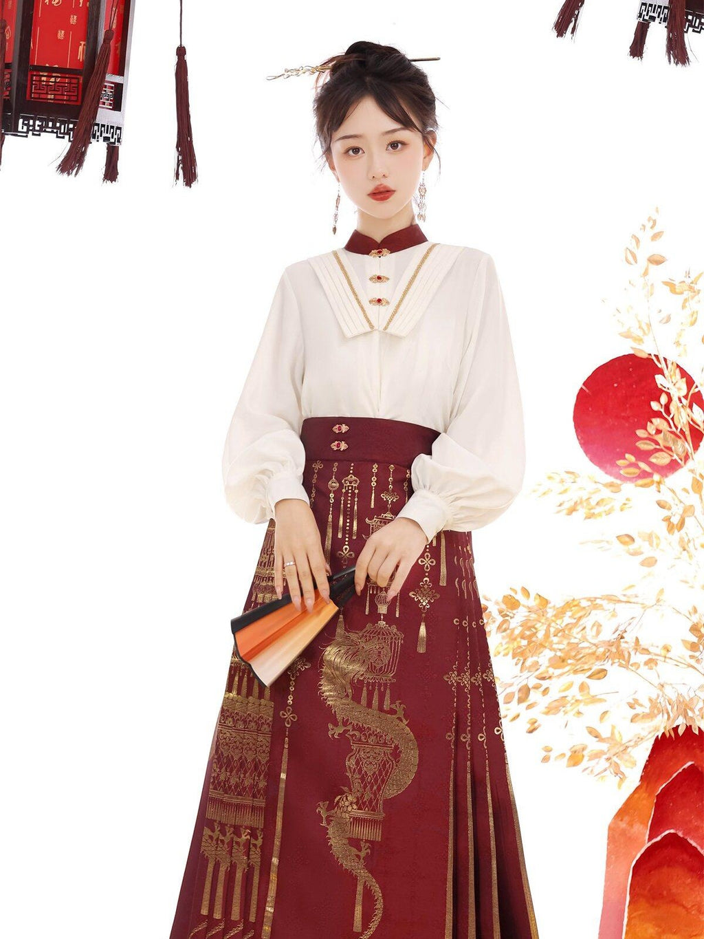 Sweet Promise Red Gold Brocade Floral Ming Style Women's Polyester Skirt Sets