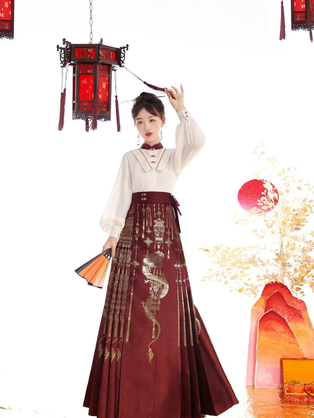 Sweet Promise Red Gold Brocade Floral Ming Style Women's Polyester Skirt Sets