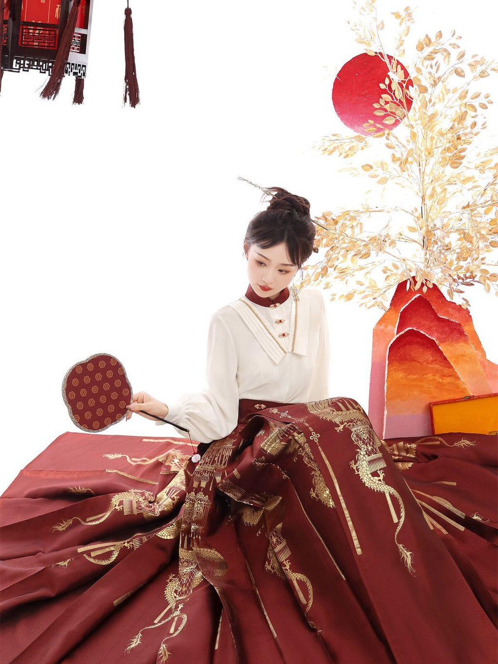 Sweet Promise Red Gold Brocade Floral Ming Style Women's Polyester Skirt Sets