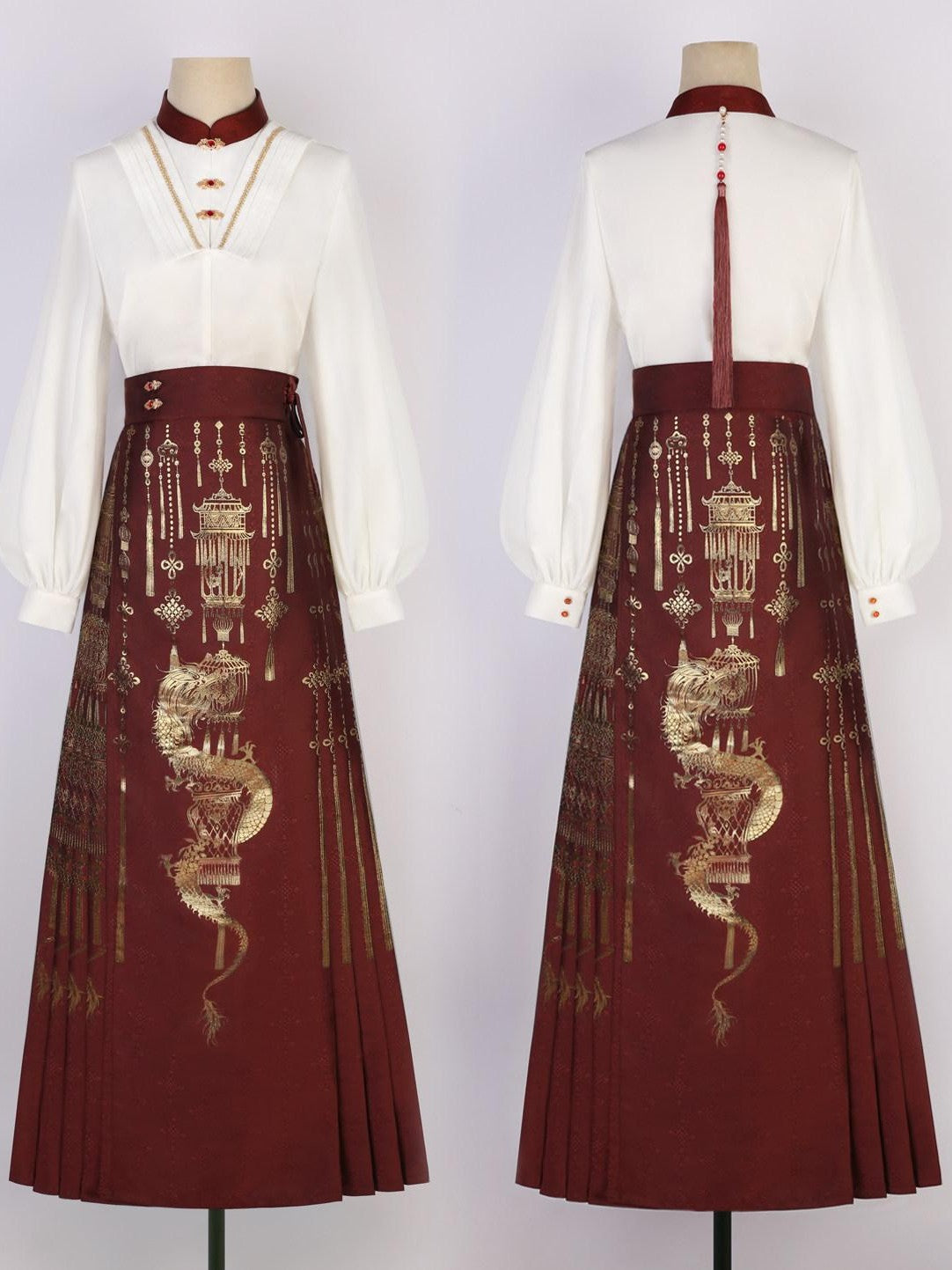 Sweet Promise Red Gold Brocade Floral Ming Style Women's Polyester Skirt Sets