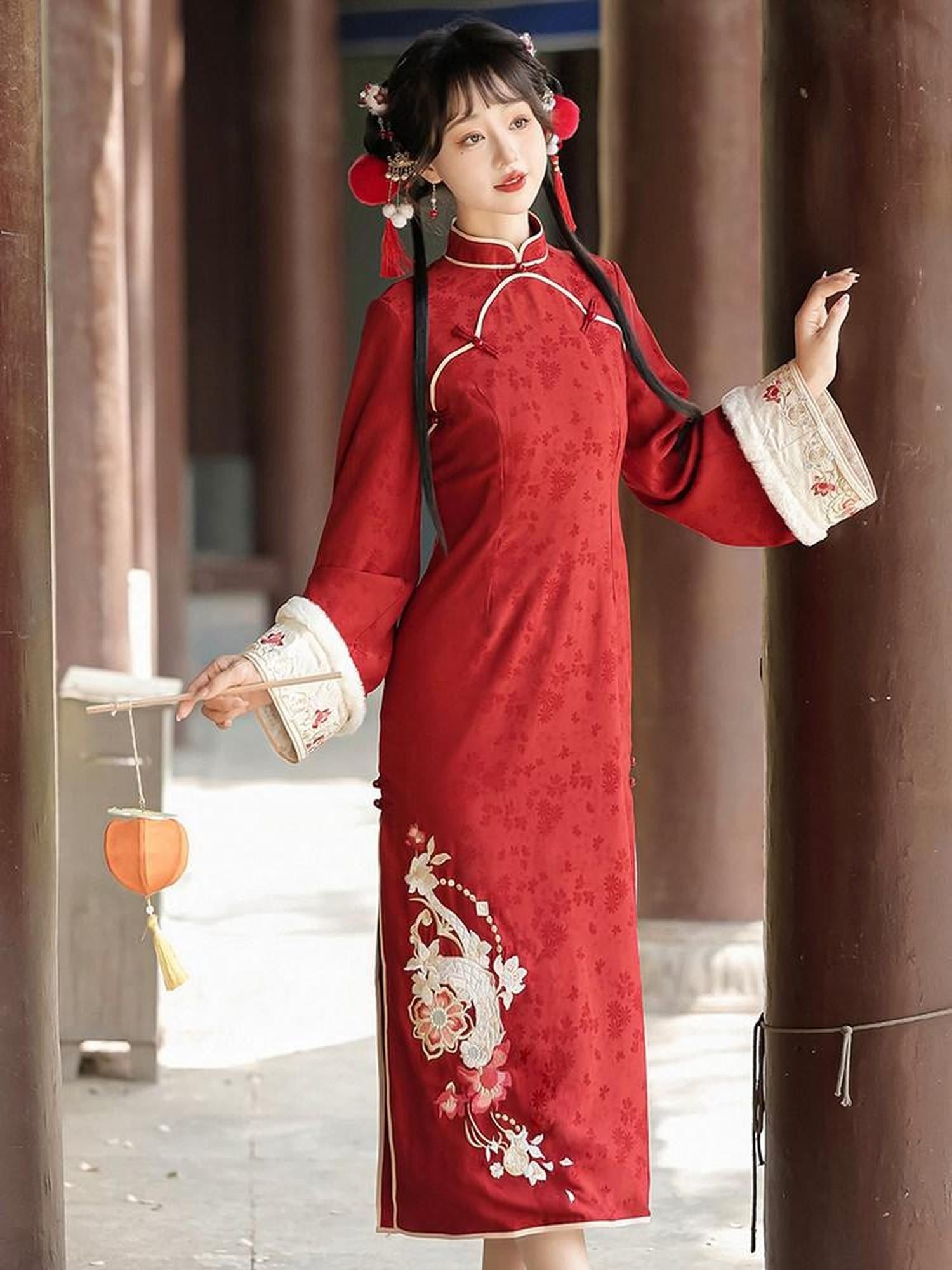 Sweet Promise Red Han Style Modified Qipao And Vest Women's Polyester Full Coordination Sets