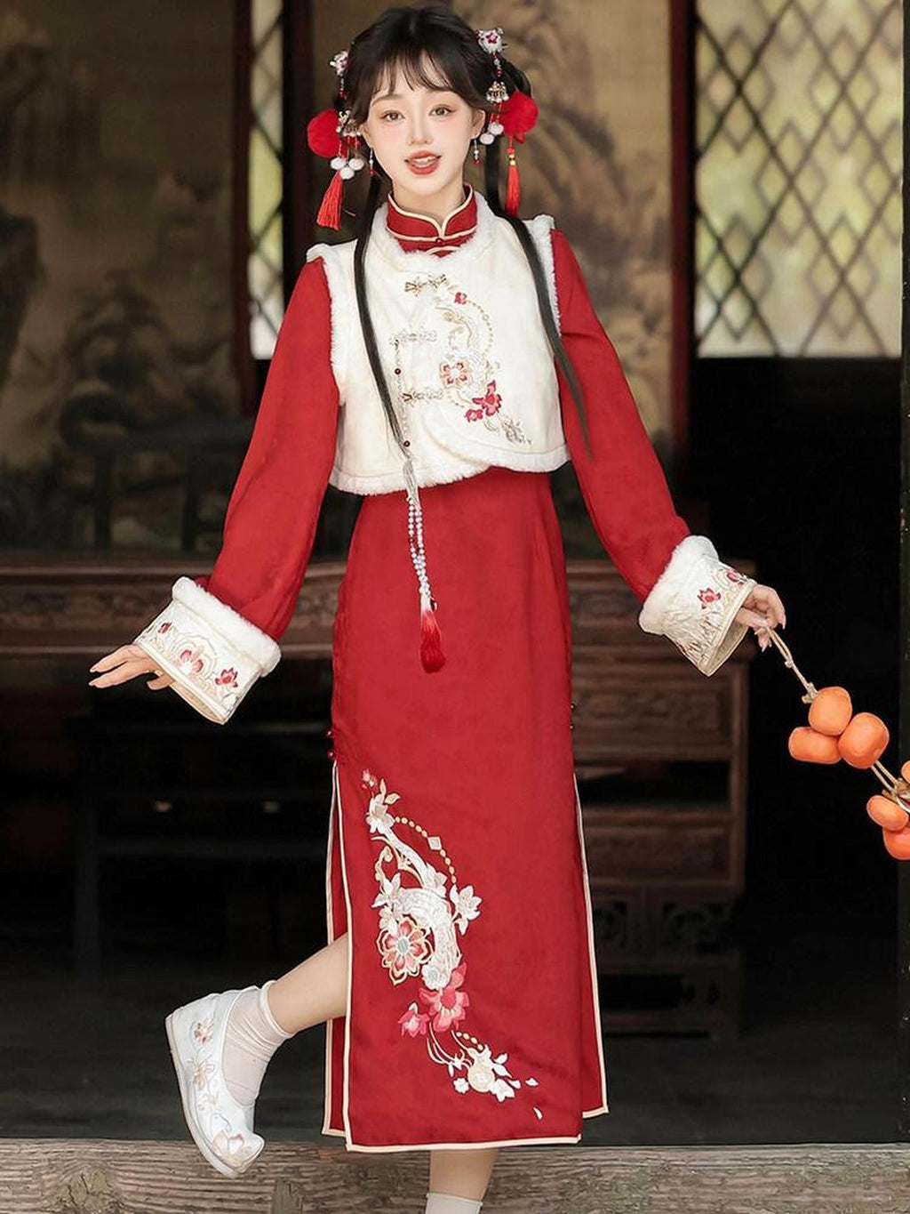 Sweet Promise Red Han Style Modified Qipao And Vest Women's Polyester Full Coordination Sets