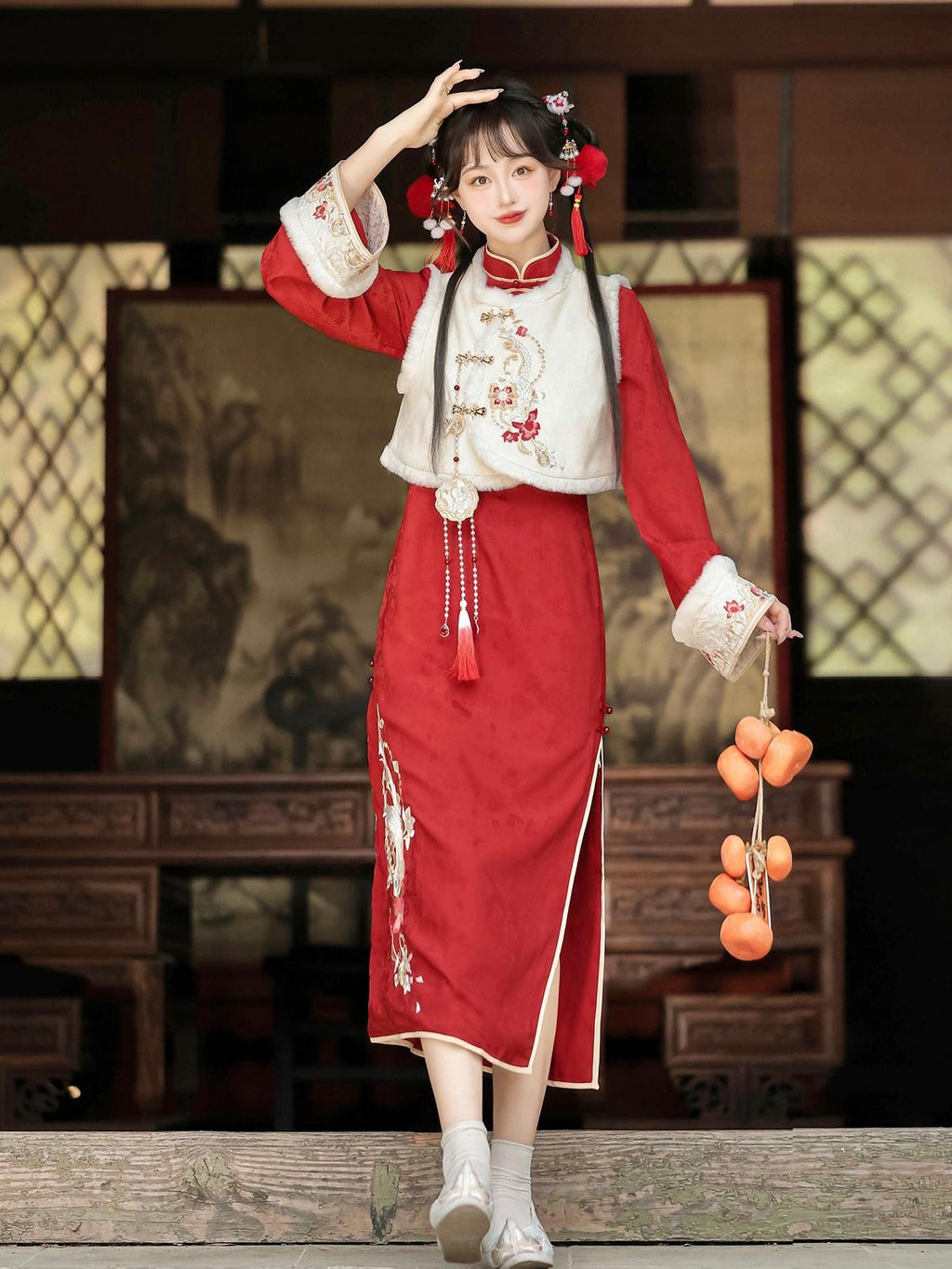 Sweet Promise Red Han Style Modified Qipao And Vest Women's Polyester Full Coordination Sets