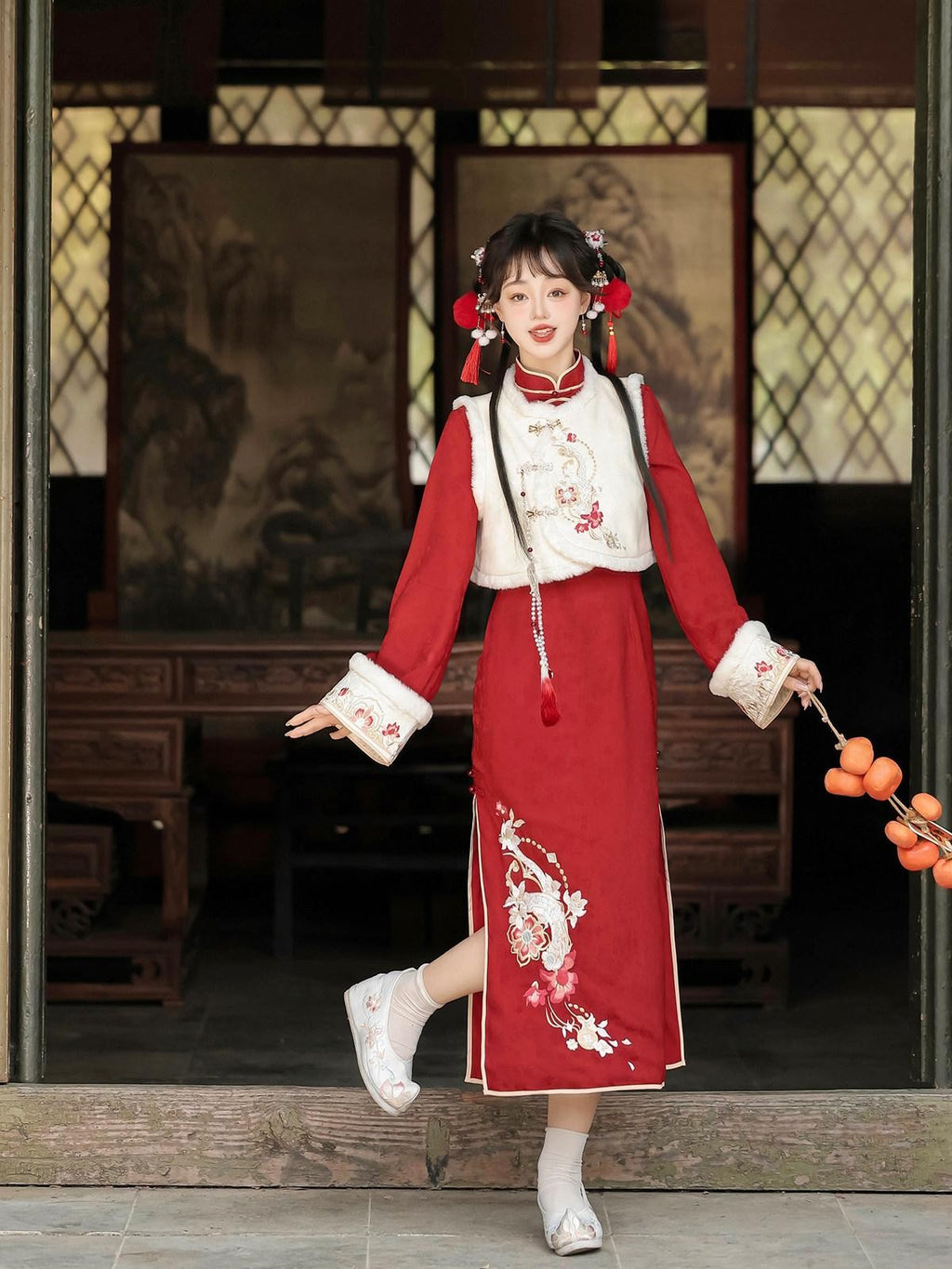 Sweet Promise Red Han Style Modified Qipao And Vest Women's Polyester Full Coordination Sets