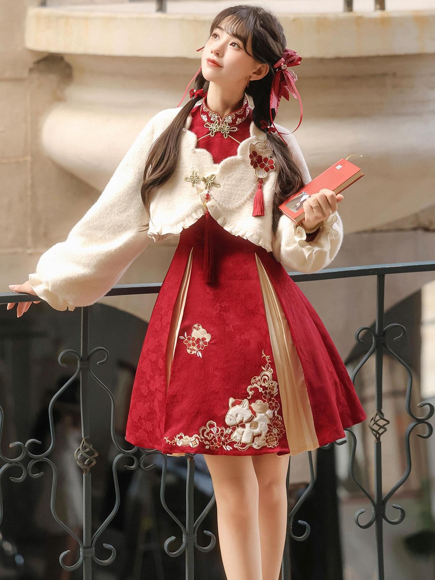 Sweet Promise Red Hanfu Inspired Lolita Mandarin Collar A Line Women's Op Sets