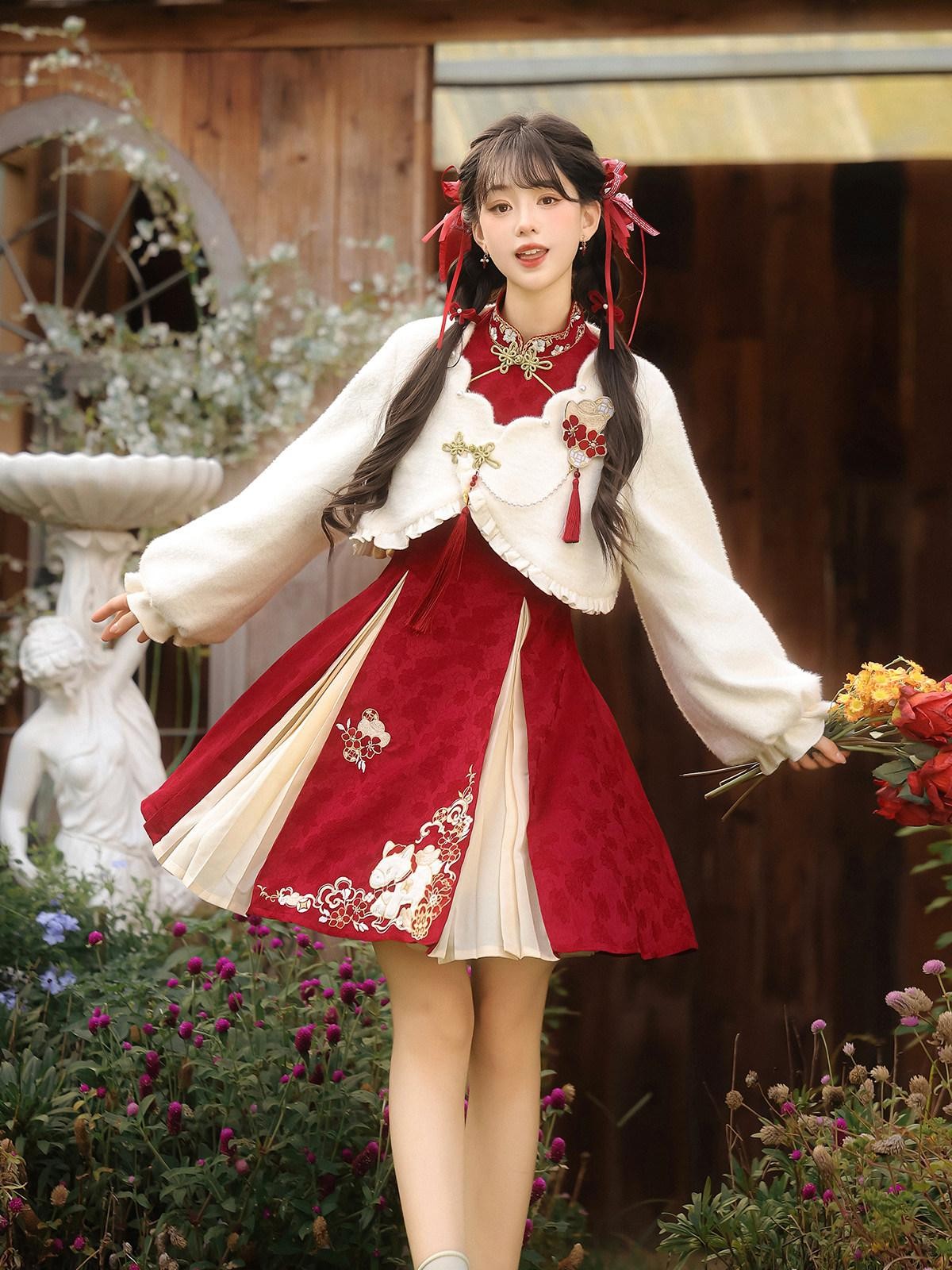 Sweet Promise Red Hanfu Inspired Lolita Mandarin Collar A Line Women's Op Sets