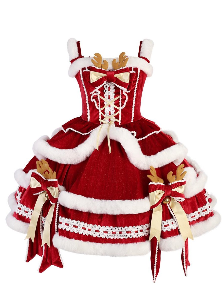 Sweet Promise Red Hooded Cape Lolita Bow Trim Round Neck Women's Jsk / Jumper Skirts