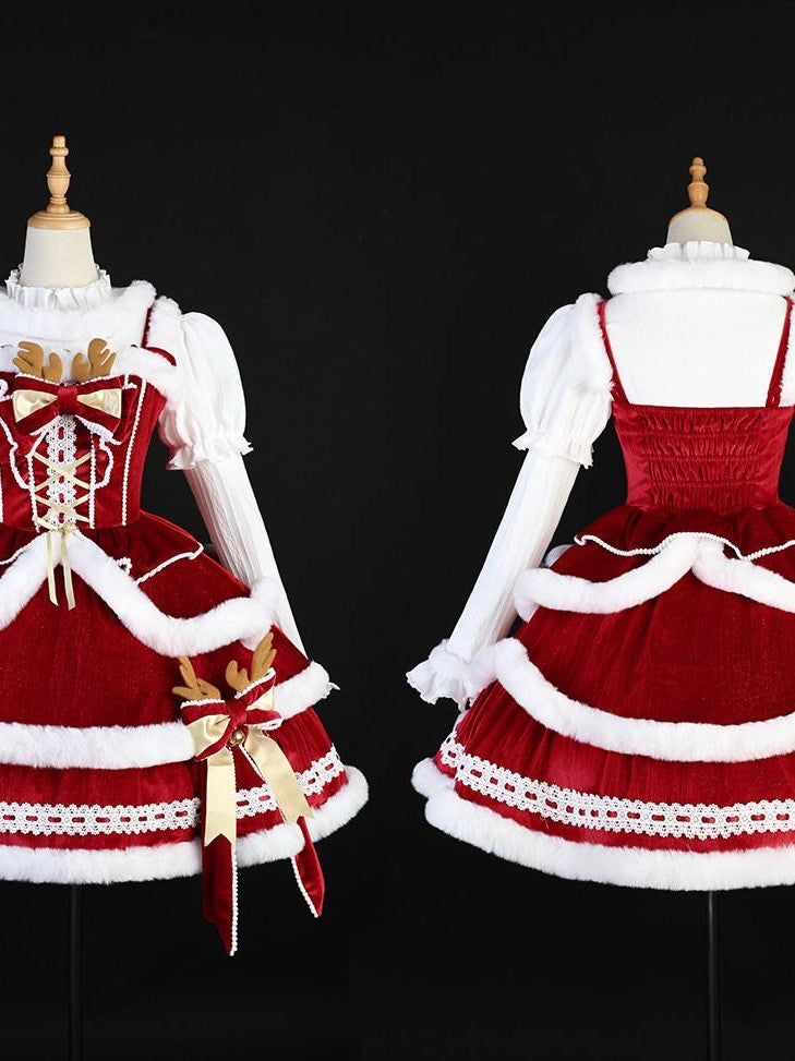 Sweet Promise Red Hooded Cape Lolita Bow Trim Round Neck Women's Jsk / Jumper Skirts