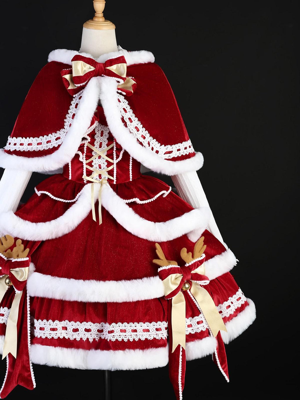 Sweet Promise Red Hooded Cape Lolita Bow Trim Round Neck Women's Jsk / Jumper Skirts