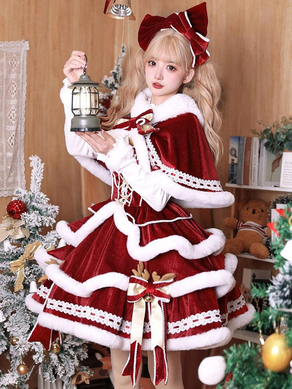 Sweet Promise Red Hooded Cape Lolita Bow Trim Round Neck Women's Jsk / Jumper Skirts