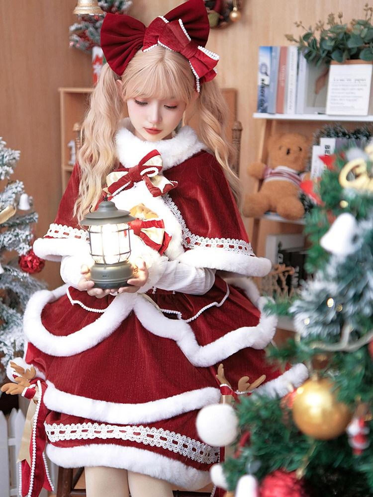 Sweet Promise Red Hooded Cape Lolita Bow Trim Round Neck Women's Jsk / Jumper Skirts