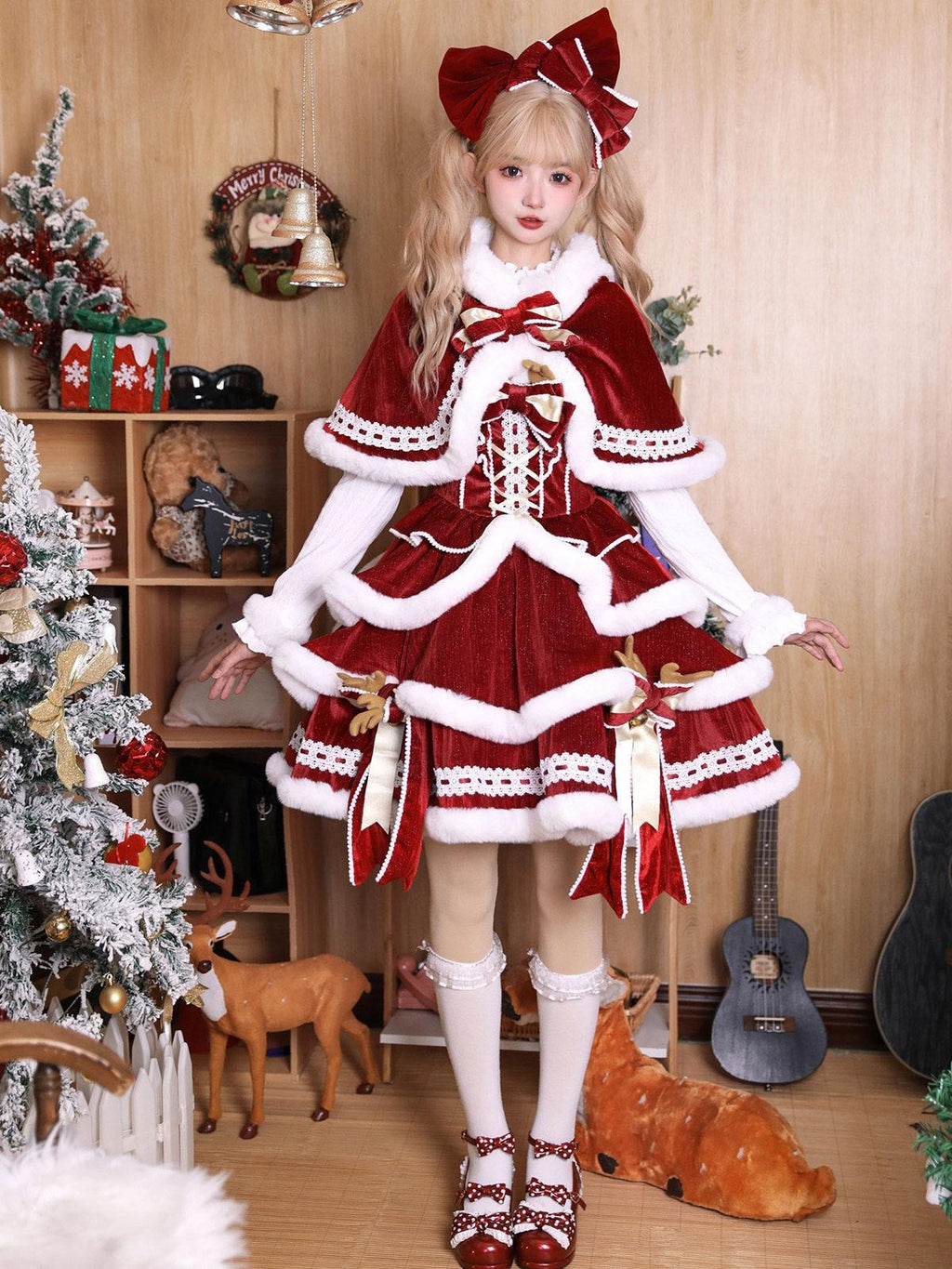 Sweet Promise Red Hooded Cape Lolita Bow Trim Round Neck Women's Jsk / Jumper Skirts