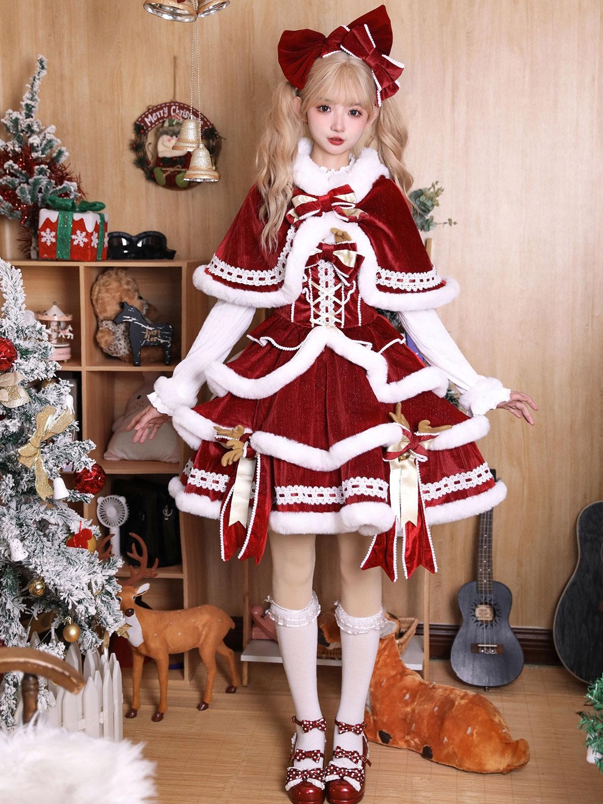 Sweet Promise Red Hooded Cape Lolita Bow Trim Round Neck Women's Jsk / Jumper Skirts