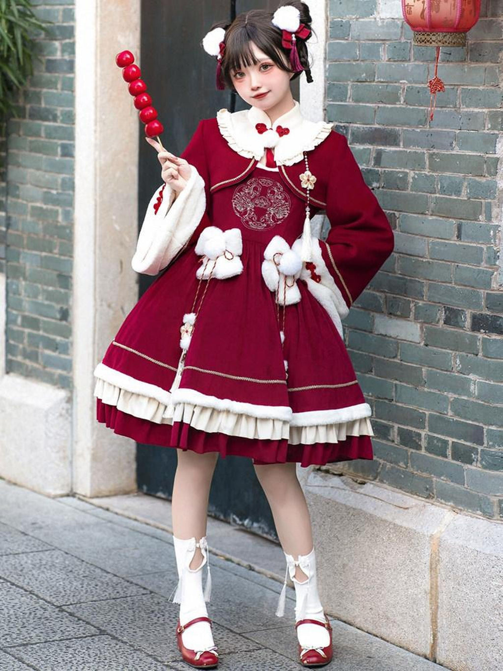 Sweet Promise Red Lace Up Lolita Princess A Line Women's Polyester Full Coordination Sets