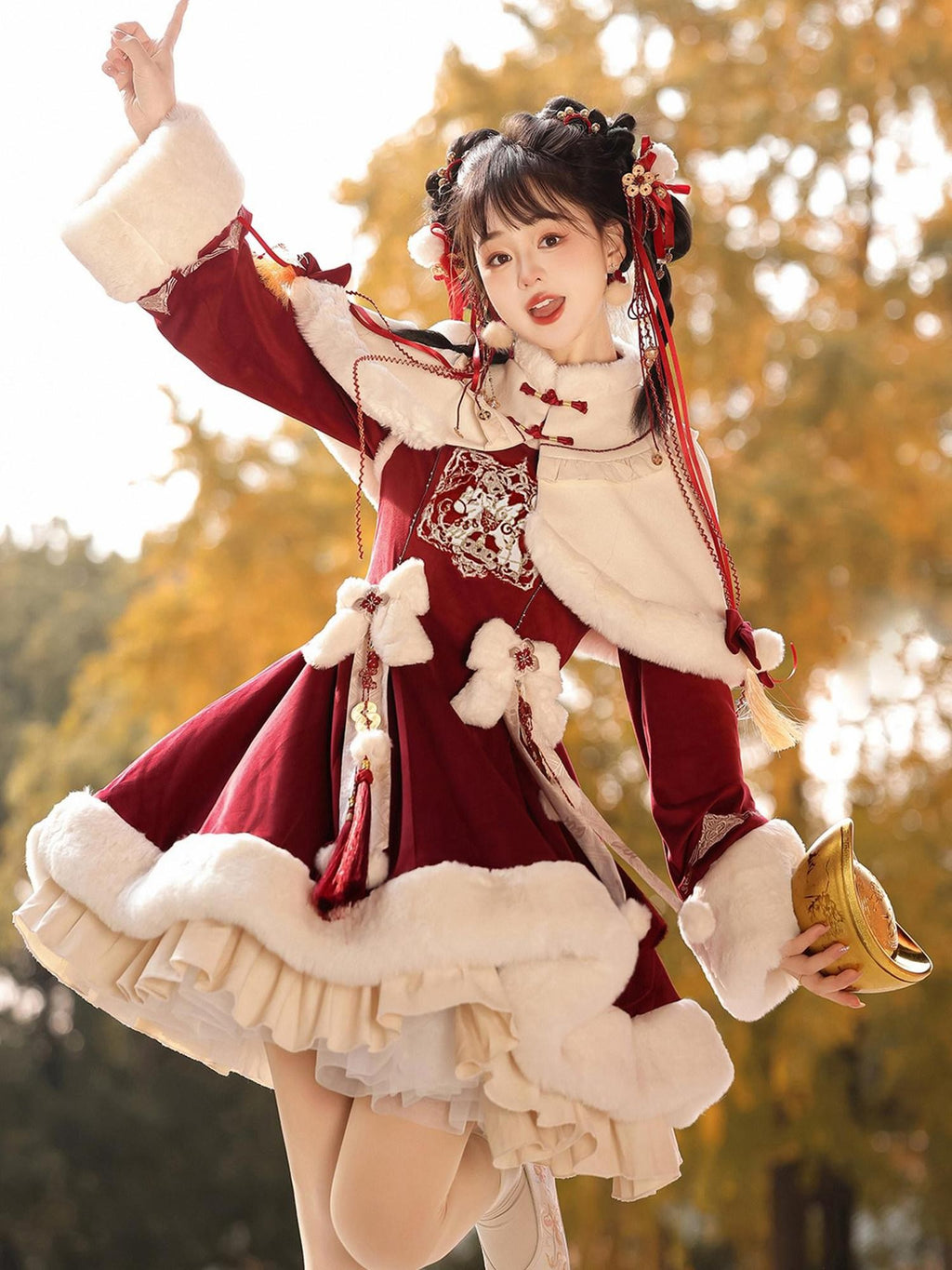 Sweet Promise Red Pom Pom Tassel Cape Lolita A Line Stand Collar Women's Long Sleeve Op