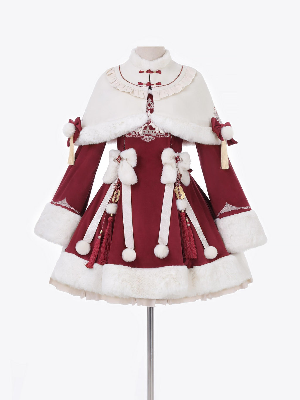 Sweet Promise Red Pom Pom Tassel Cape Lolita A Line Stand Collar Women's Long Sleeve Op