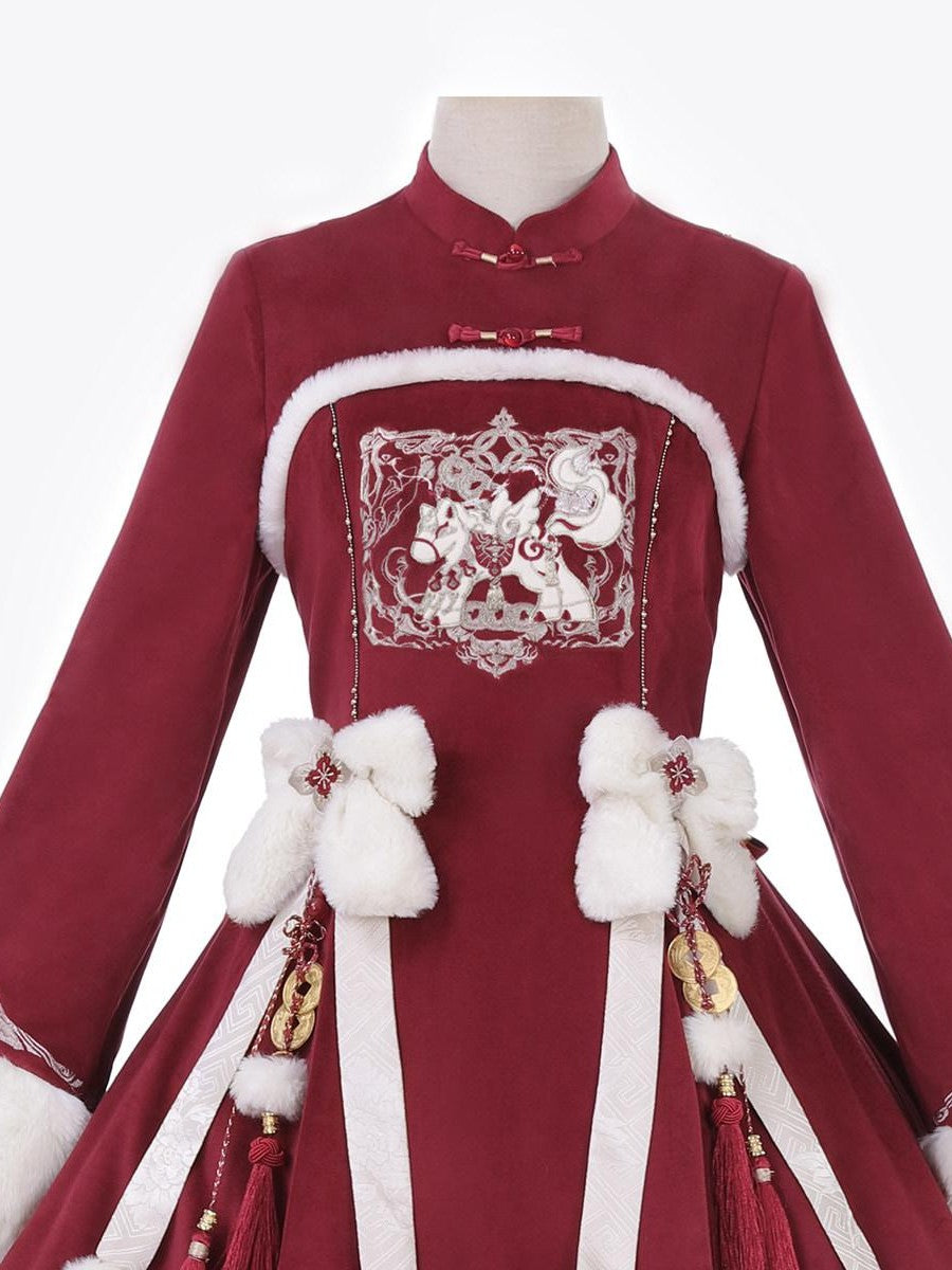 Sweet Promise Red Pom Pom Tassel Cape Lolita A Line Stand Collar Women's Long Sleeve Op