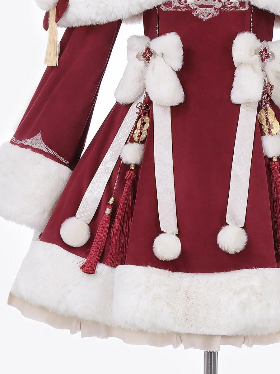 Sweet Promise Red Pom Pom Tassel Cape Lolita A Line Stand Collar Women's Long Sleeve Op