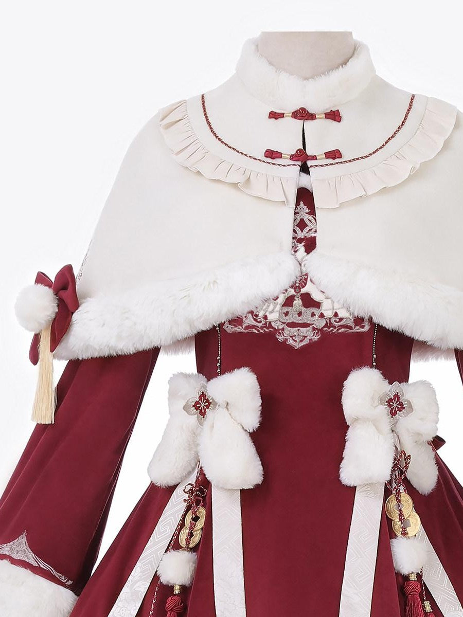 Sweet Promise Red Pom Pom Tassel Cape Lolita A Line Stand Collar Women's Long Sleeve Op