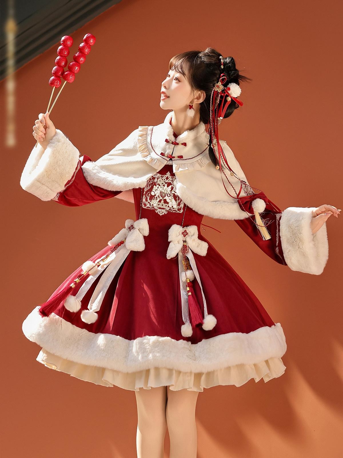 Sweet Promise Red Pom Pom Tassel Cape Lolita A Line Stand Collar Women's Long Sleeve Op