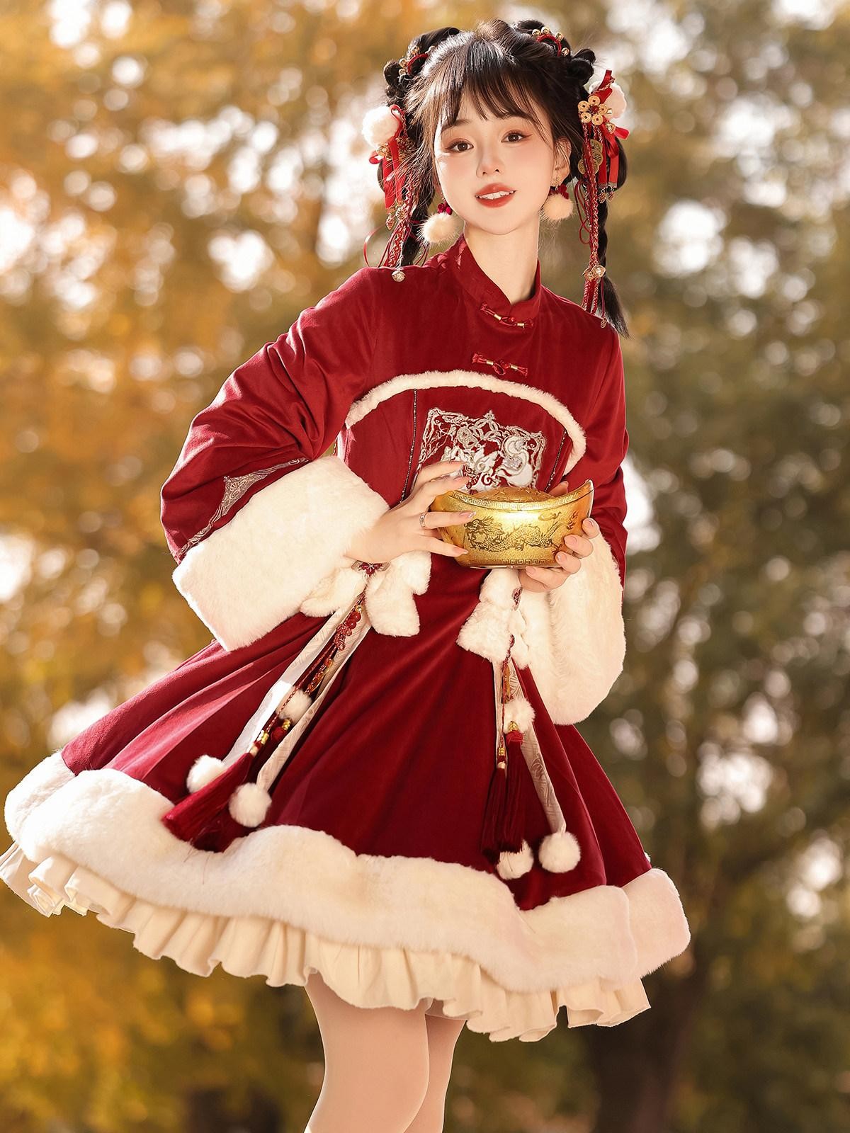 Sweet Promise Red Pom Pom Tassel Cape Lolita A Line Stand Collar Women's Long Sleeve Op