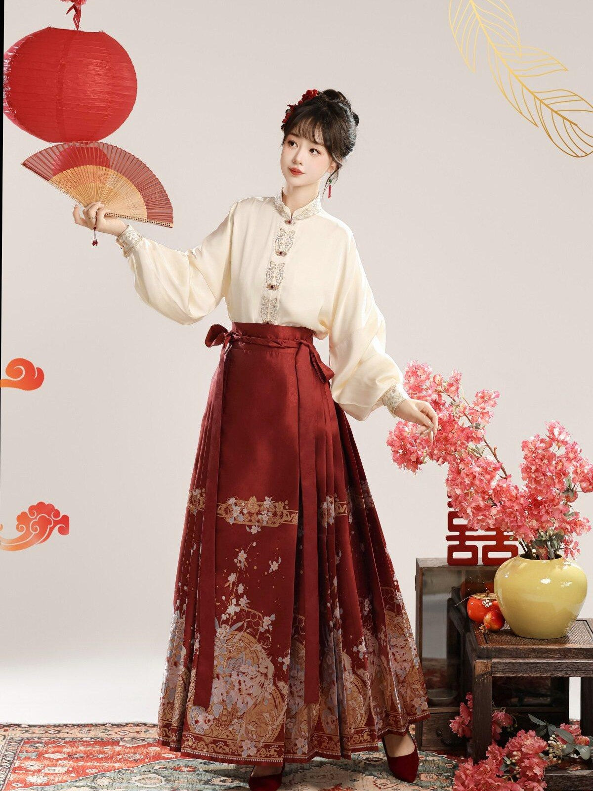 Sweet Promise Red Woven Gold Heavy Embroidered Mamian Hanfu Women's Polyester Skirt Sets