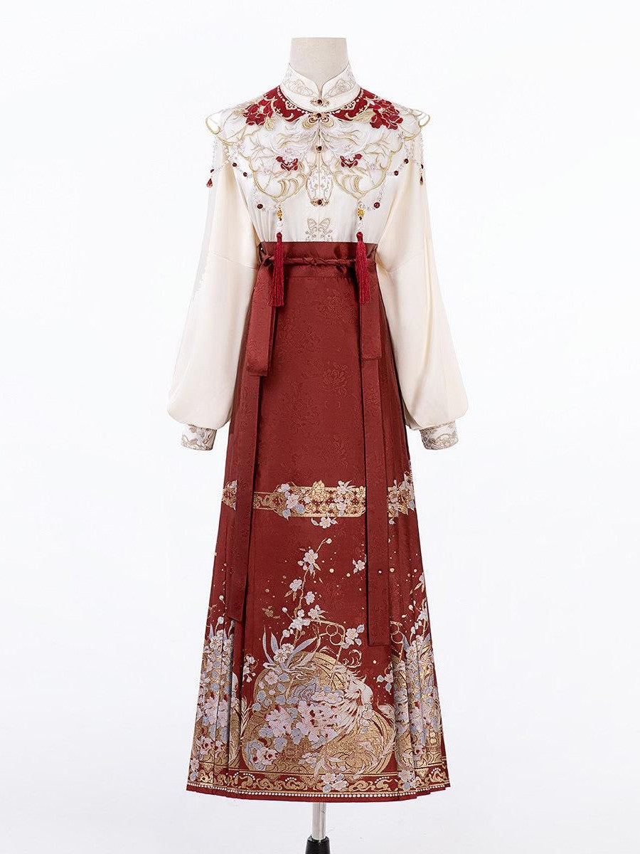 Sweet Promise Red Woven Gold Heavy Embroidered Mamian Hanfu Women's Polyester Skirt Sets