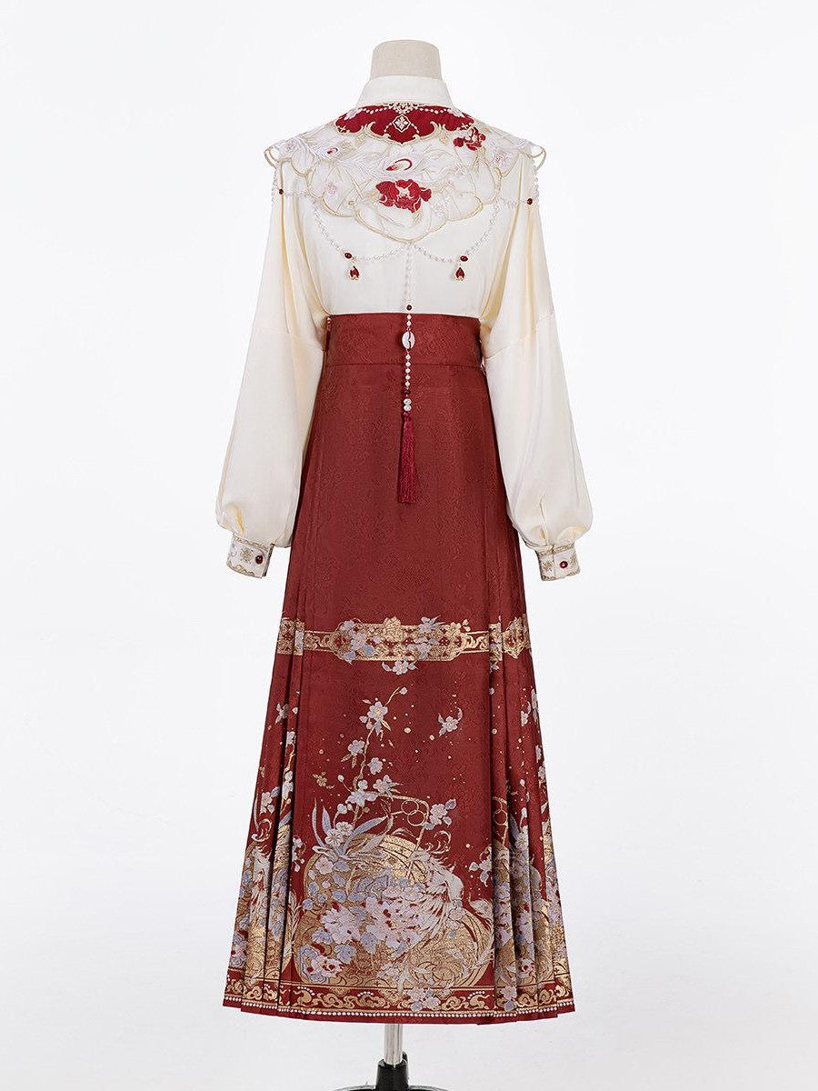 Sweet Promise Red Woven Gold Heavy Embroidered Mamian Hanfu Women's Polyester Skirt Sets