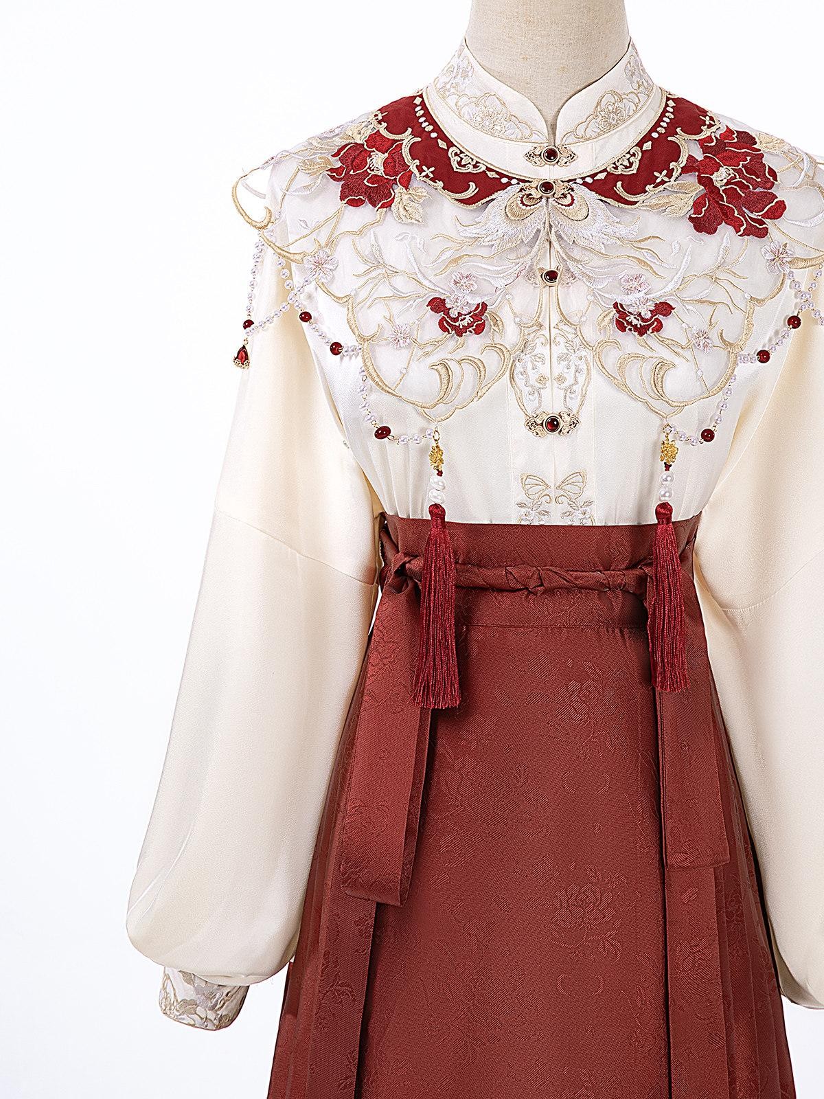 Sweet Promise Red Woven Gold Heavy Embroidered Mamian Hanfu Women's Polyester Skirt Sets