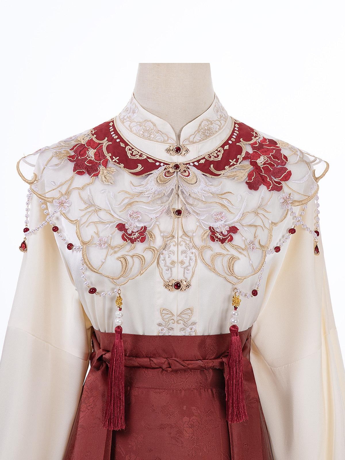 Sweet Promise Red Woven Gold Heavy Embroidered Mamian Hanfu Women's Polyester Skirt Sets
