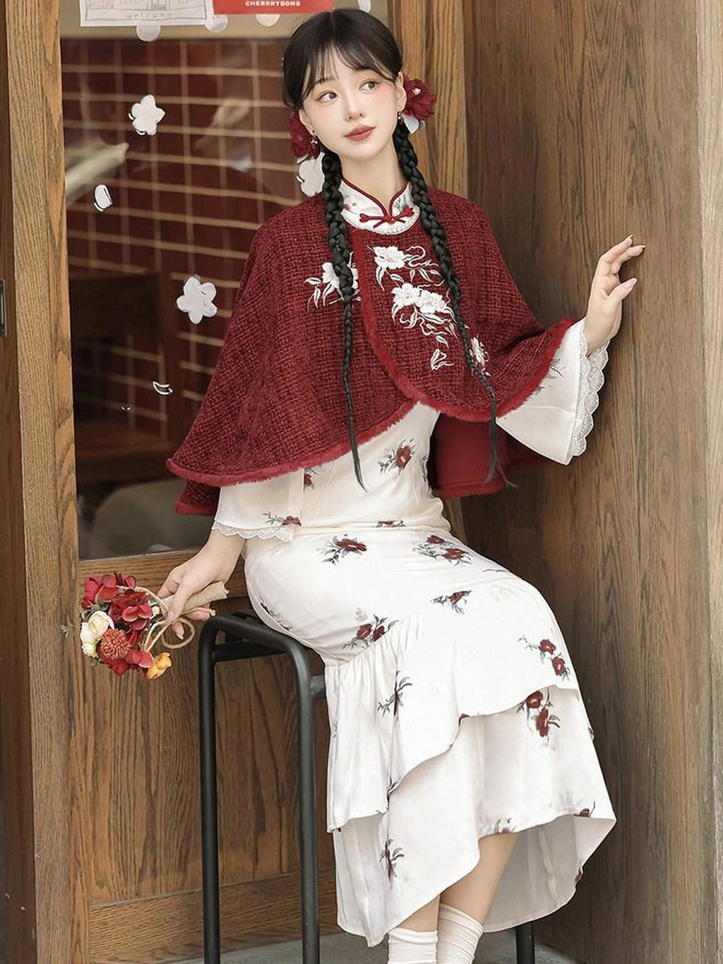 Sweet Promise Retro Chinese Floral Cheongsam Cape Set Women's Polyester Long Sleeve Op
