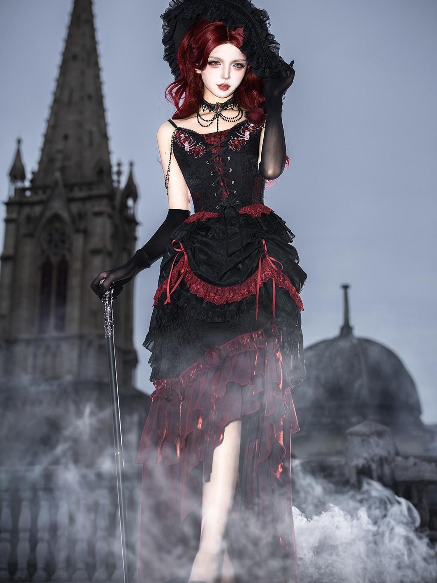 Sweet Promise Skeletal Floral Gothic Square Neck Women's Fishtail Jsk / Jumper Skirts