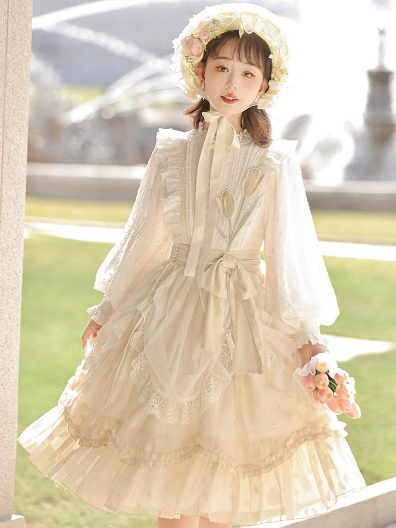 Sweet Promise Sweet Lolita Lace Stand Collar Elegant Women's Long Sleeve Op