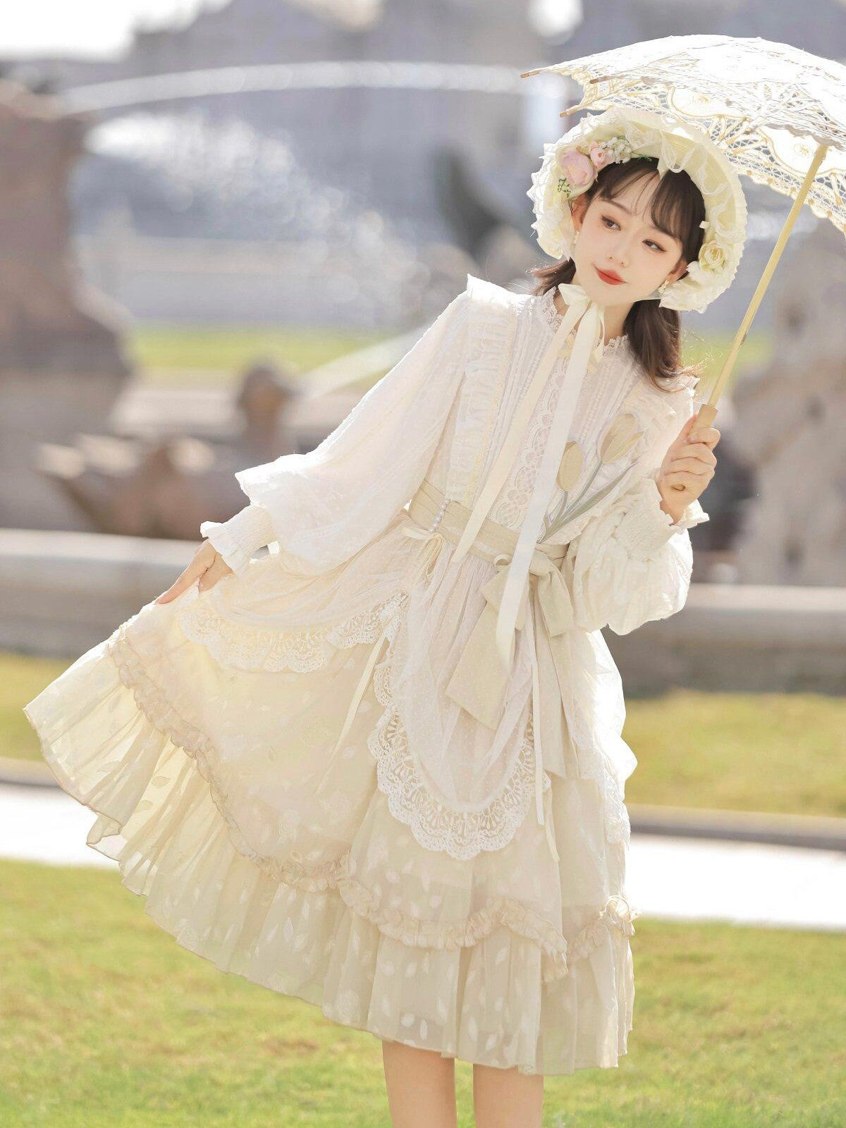Sweet Promise Sweet Lolita Lace Stand Collar Elegant Women's Long Sleeve Op