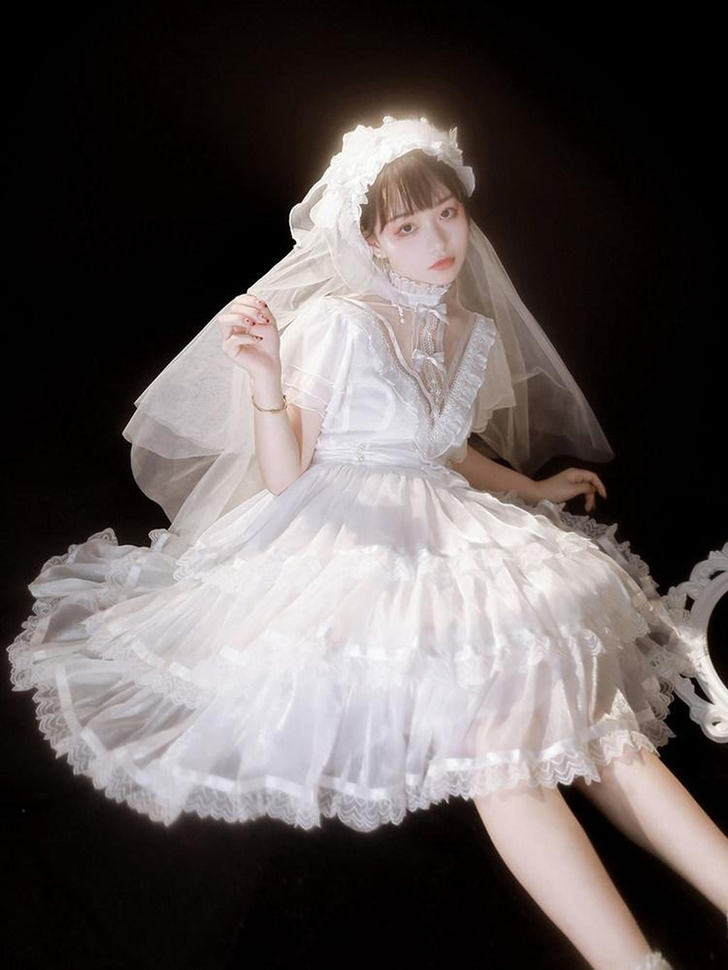 Sweet Promise Tiered Cutout Princess Sleeve Lolita Women's Polyester Short Sleeve Op