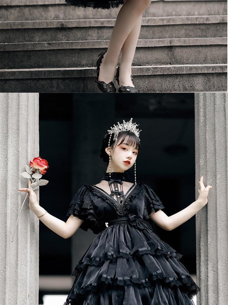 Sweet Promise Tiered Cutout Princess Sleeve Lolita Women's Polyester Short Sleeve Op