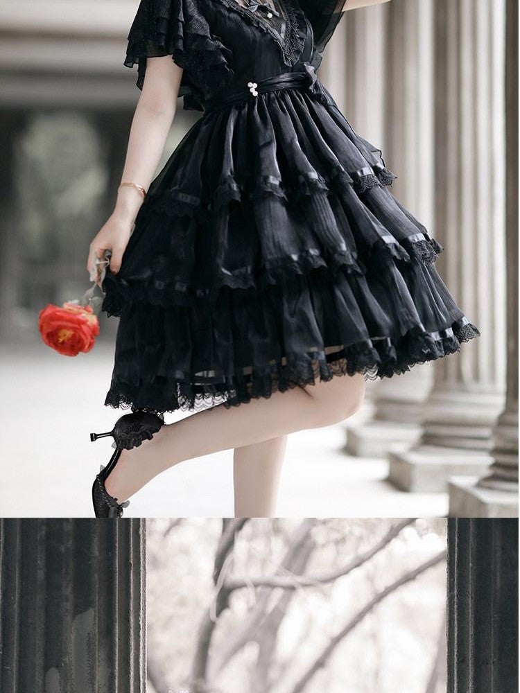 Sweet Promise Tiered Cutout Princess Sleeve Lolita Women's Polyester Short Sleeve Op