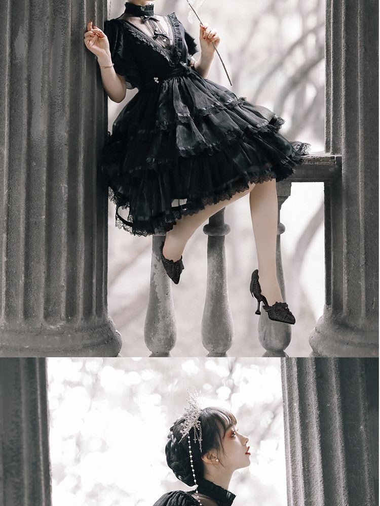 Sweet Promise Tiered Cutout Princess Sleeve Lolita Women's Polyester Short Sleeve Op
