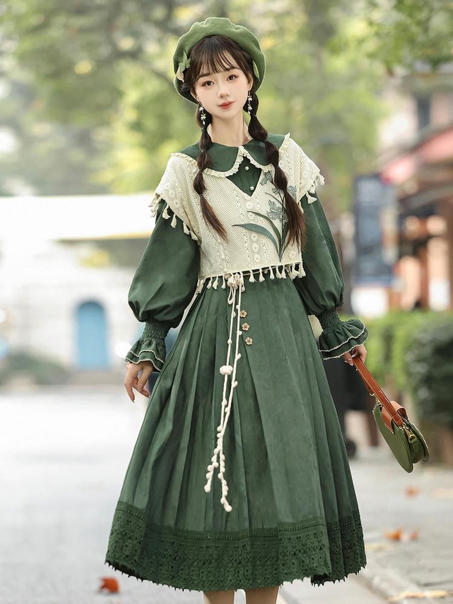 Sweet Promise Vintage Green Lolita Doll Collar A Line Two Piece Vest Women's Long Sleeve Op