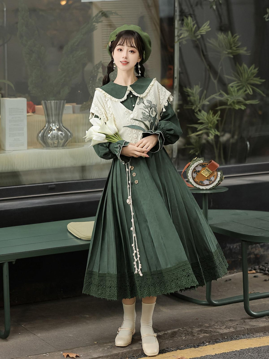 Sweet Promise Vintage Green Lolita Doll Collar A Line Two Piece Vest Women's Long Sleeve Op