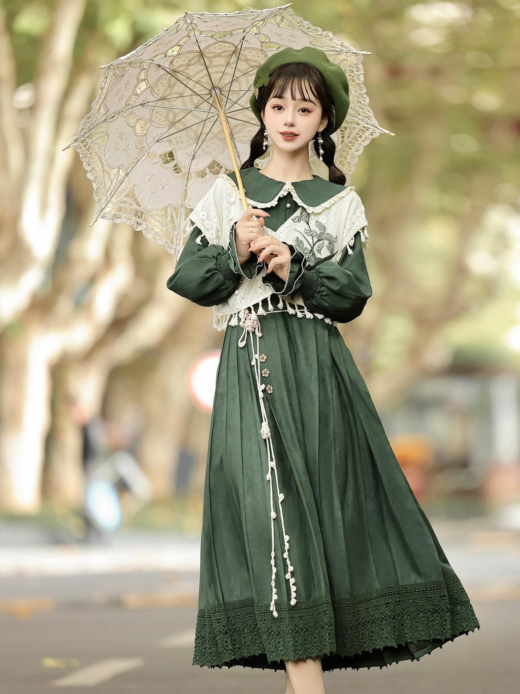 Sweet Promise Vintage Green Lolita Doll Collar A Line Two Piece Vest Women's Long Sleeve Op