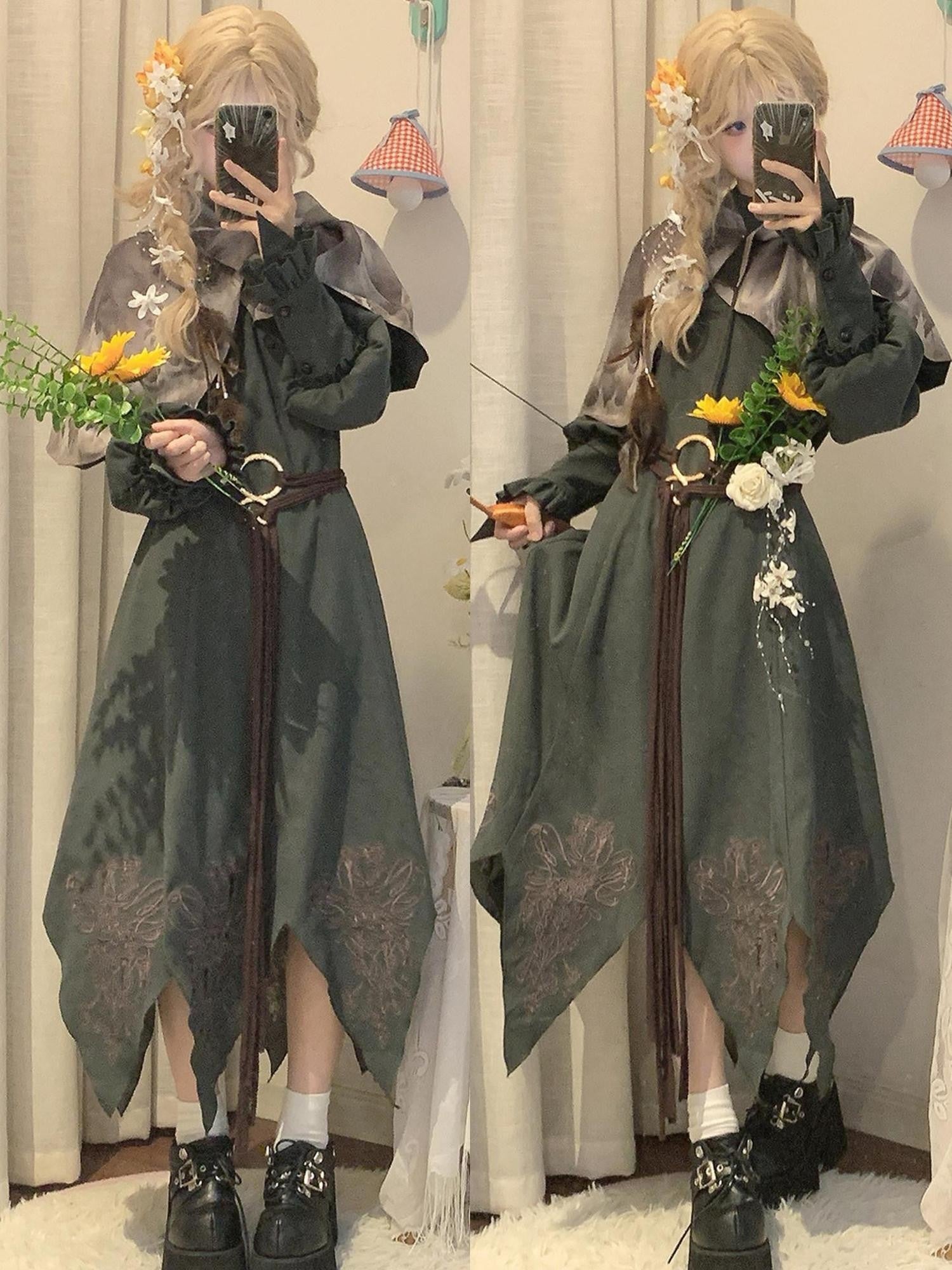 Sweet Promise Vintage Lolita Cape A Line Round Neck Belted Three Piece Women's Op Sets