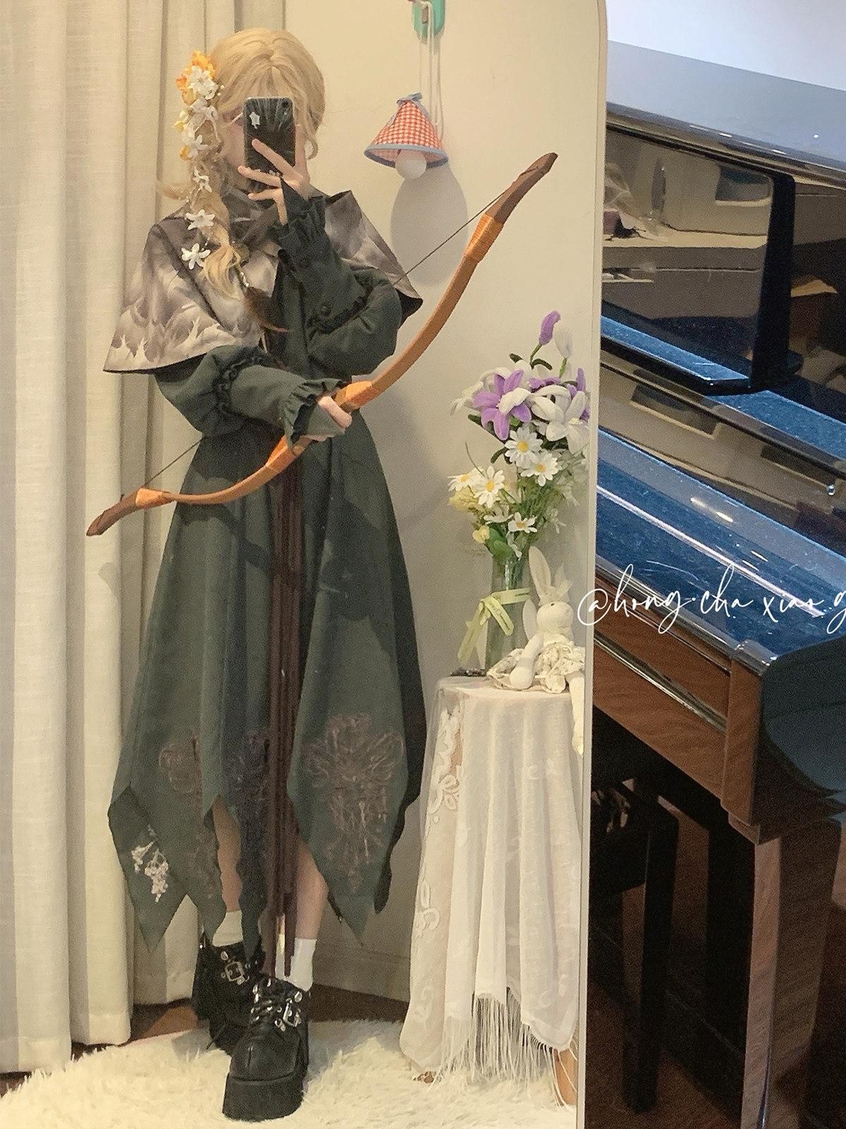 Sweet Promise Vintage Lolita Cape A Line Round Neck Belted Three Piece Women's Op Sets
