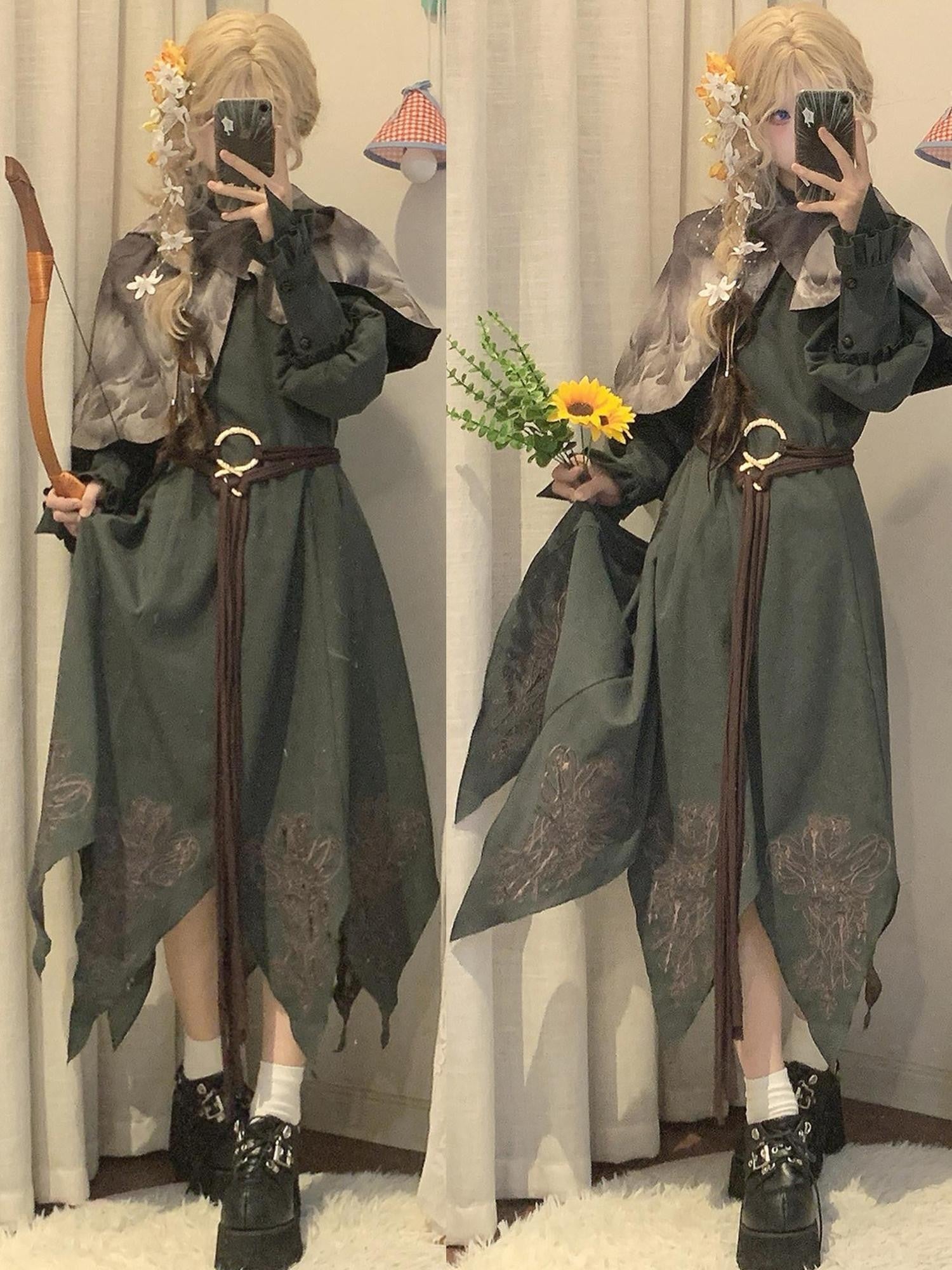 Sweet Promise Vintage Lolita Cape A Line Round Neck Belted Three Piece Women's Op Sets