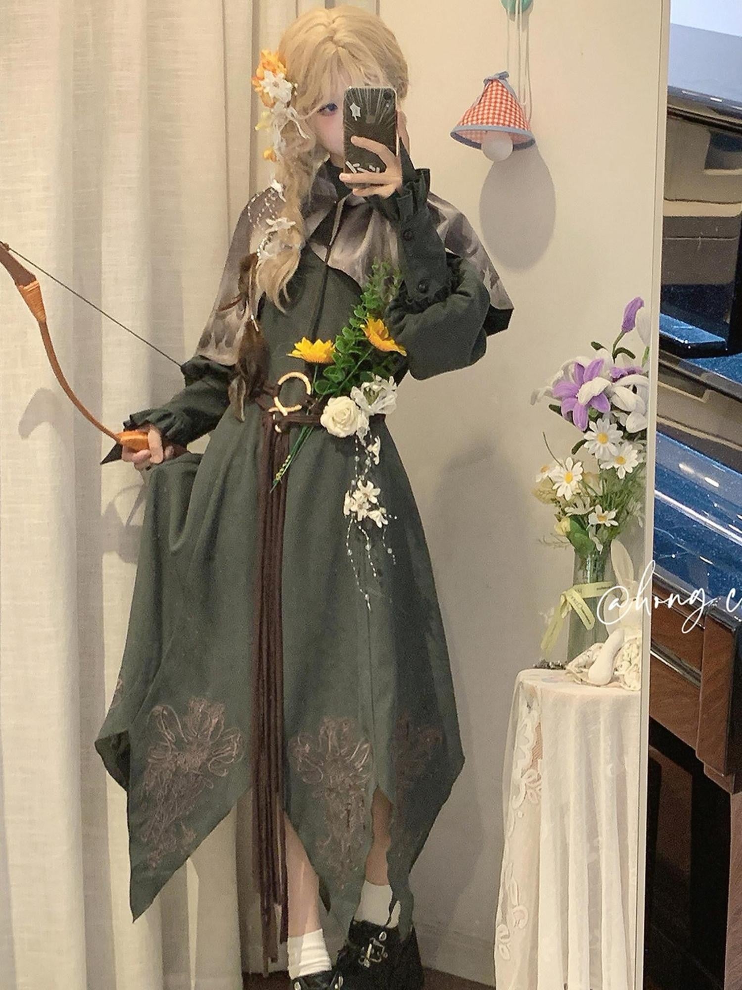 Sweet Promise Vintage Lolita Cape A Line Round Neck Belted Three Piece Women's Op Sets