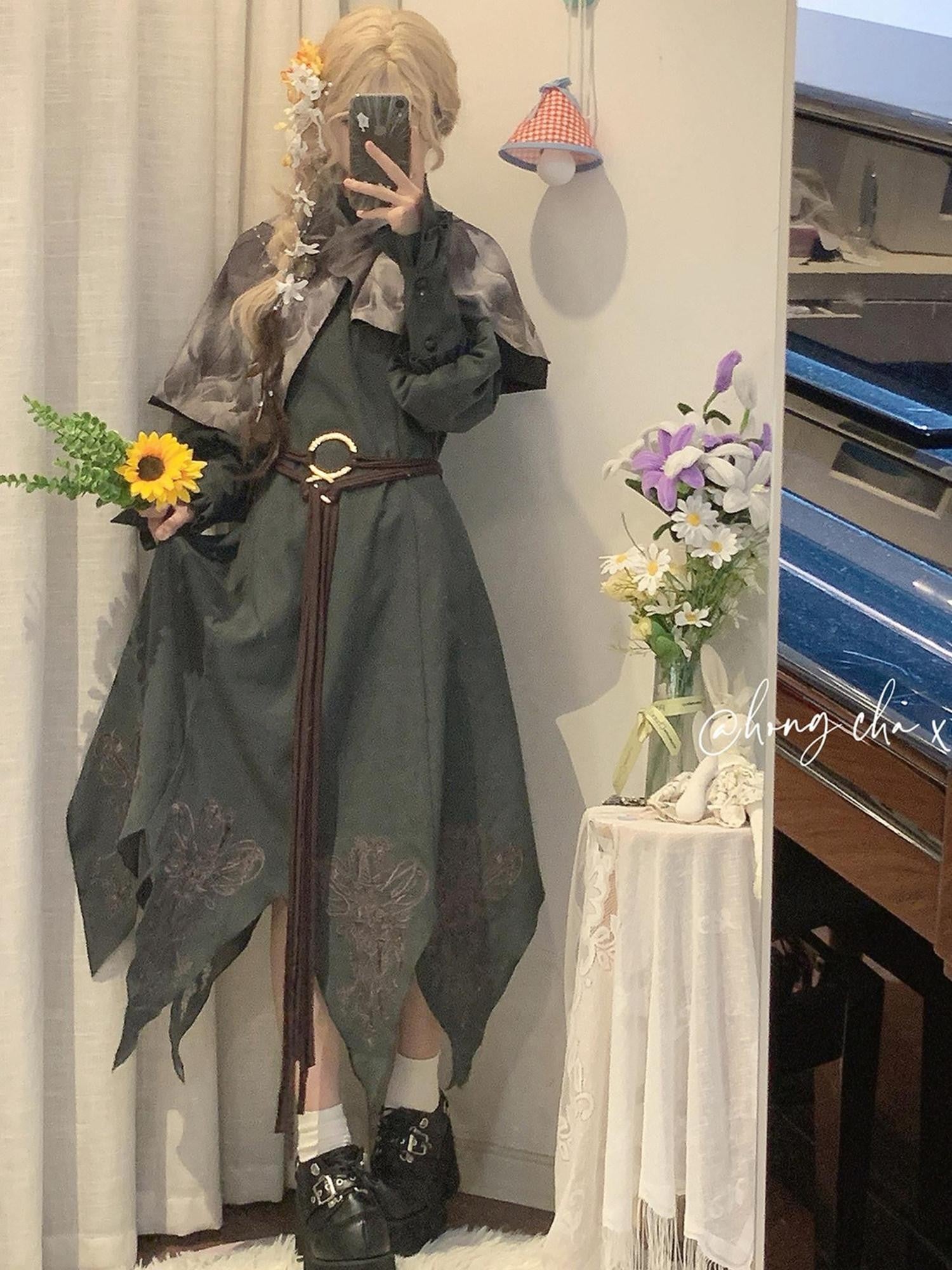 Sweet Promise Vintage Lolita Cape A Line Round Neck Belted Three Piece Women's Op Sets