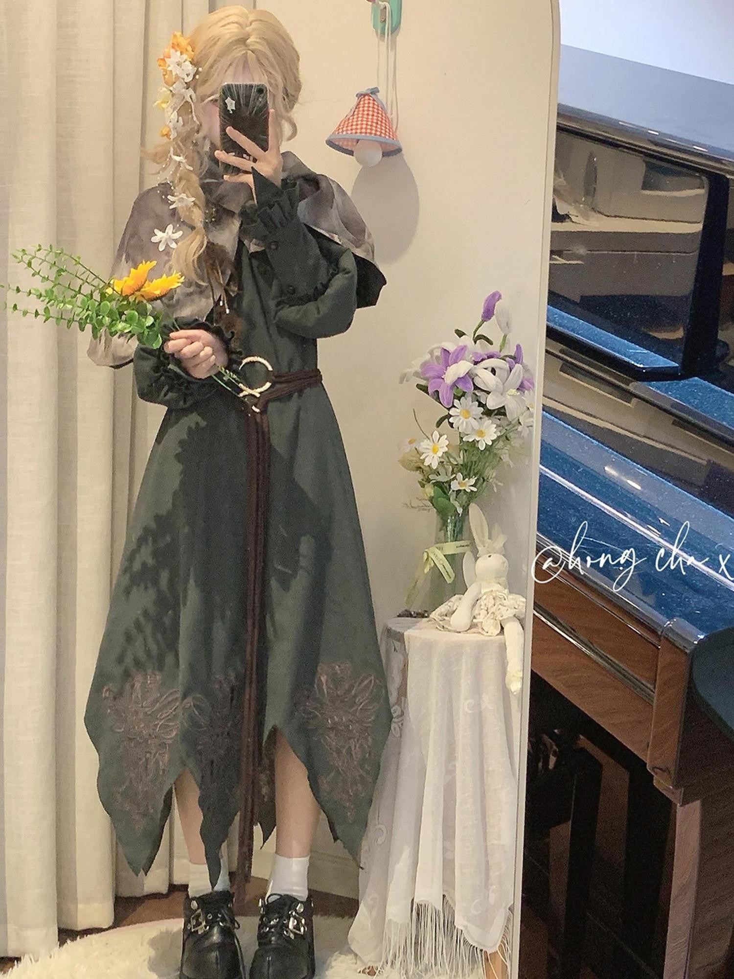 Sweet Promise Vintage Lolita Cape A Line Round Neck Belted Three Piece Women's Op Sets