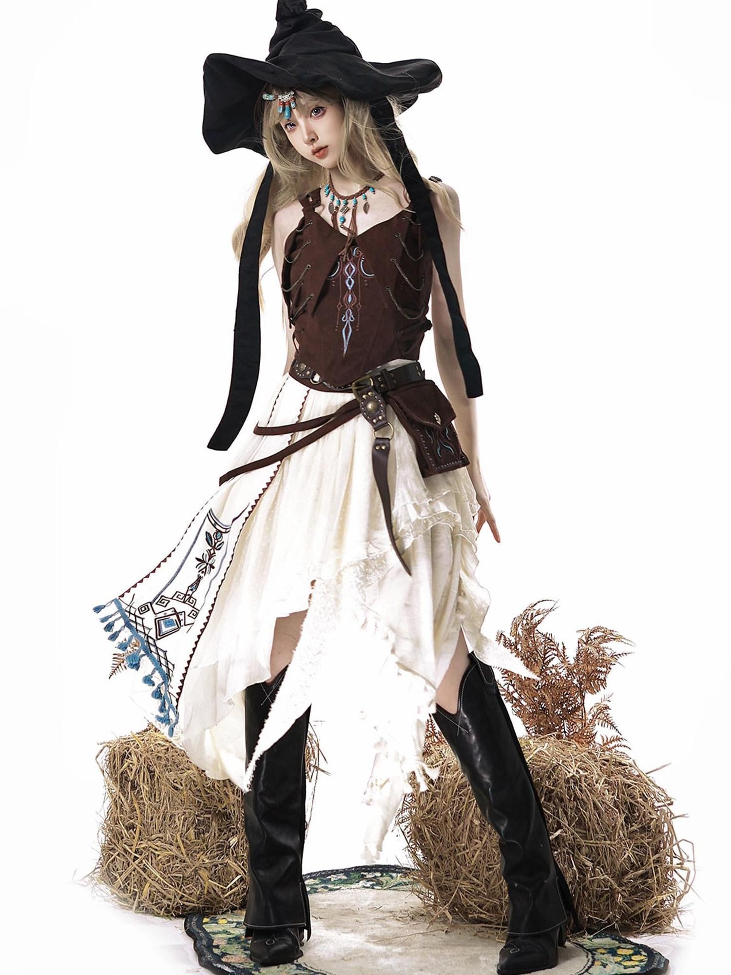 Sweet Promise Wasteland Gothic Lolita Asymmetric A Line V-neck Women's Skirt Sets